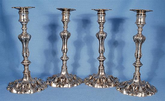 A set of four early Victorian silver candlesticks, by T.J. & N. Creswick, Height 277mm.